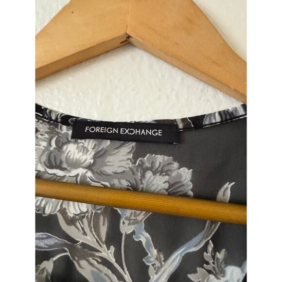 Foreign Exchange Surplice Wrap Hi Low Blouse S Black Floral Sheer Long Sleeve - Picture 4 of 8